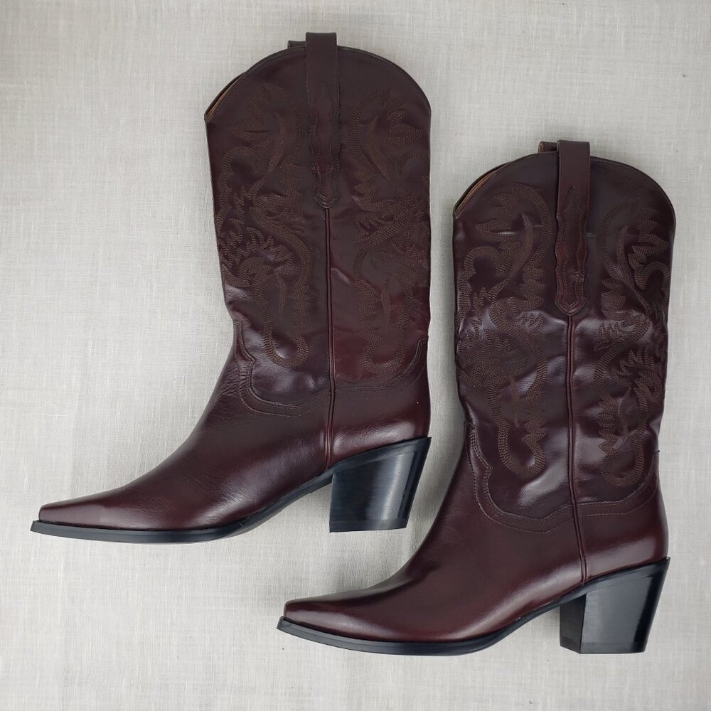 Jeffrey Campbell Dagget Burgundy Leather Cowboy Western Stitch Boots Size 11 - Picture 4 of 11